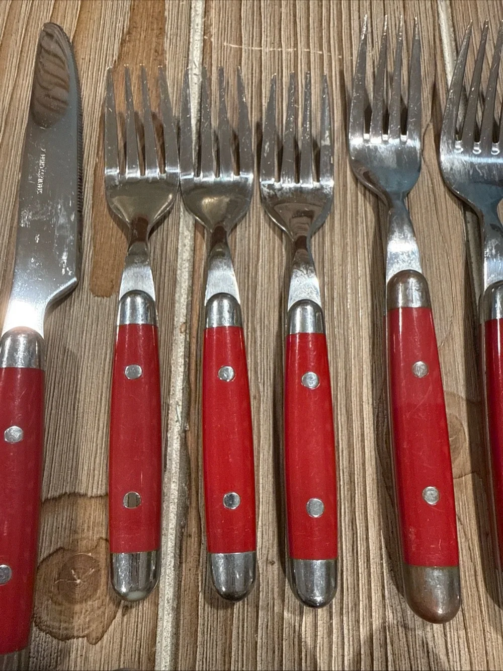 Vintage MCM Red Riveted Flatware 14 Pc Lot Stainless China X Knives Forks Spoons